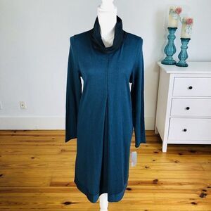 Whyci Milano Teal Lana Wool Knit Sweater Dress EU 44 US L Cowl NEW